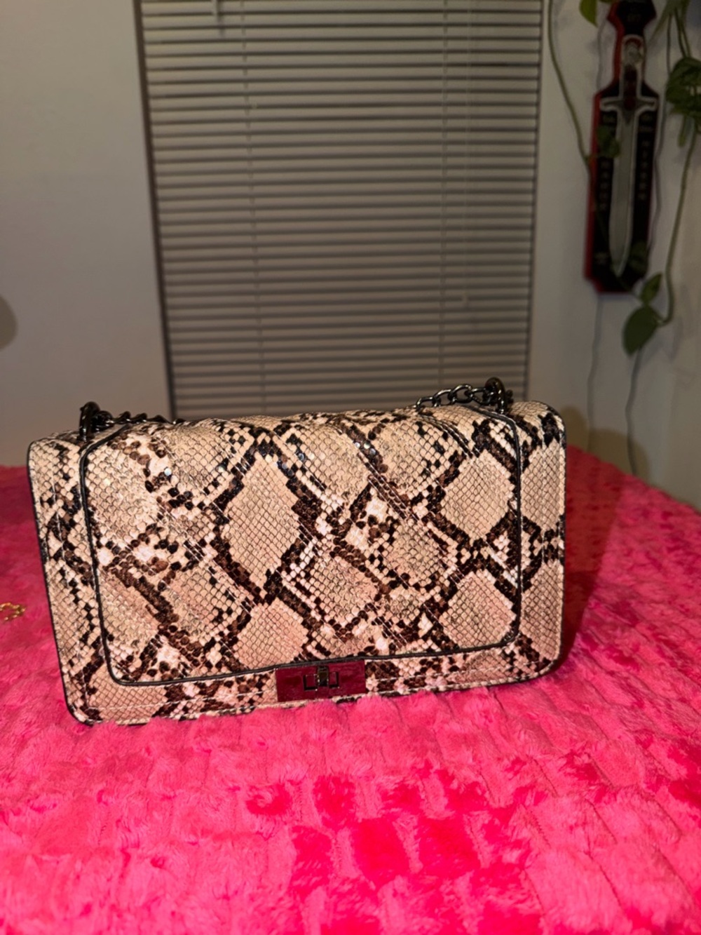 Python-Print Chain Shoulder Bag in Beige and Black